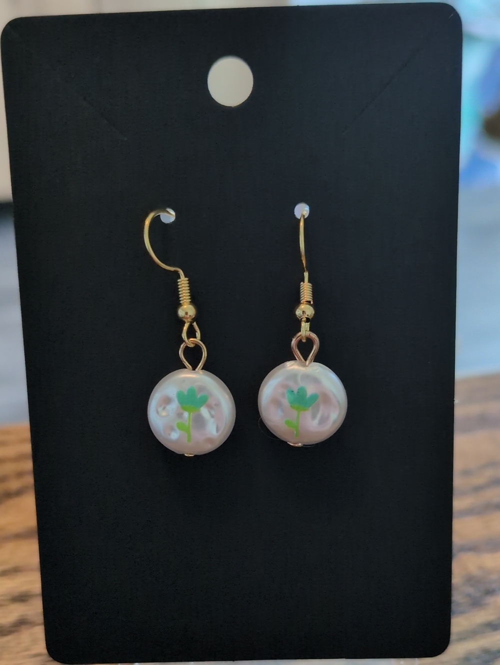 Gold Pearl Drop Earrings with Green Flower Motif